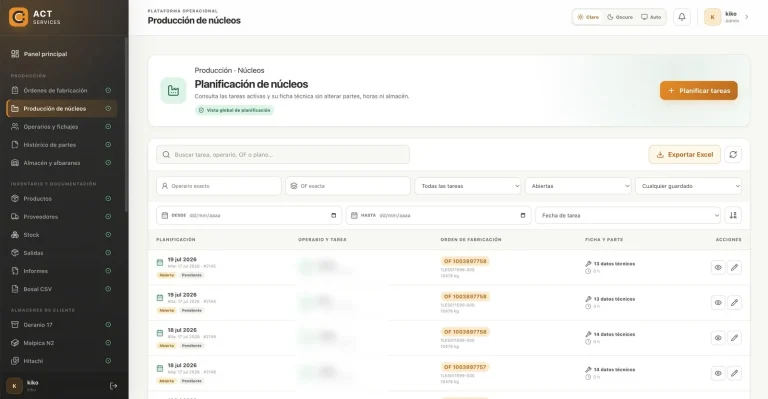 Aplicación ACT Services · Planificación de producción de núcleos