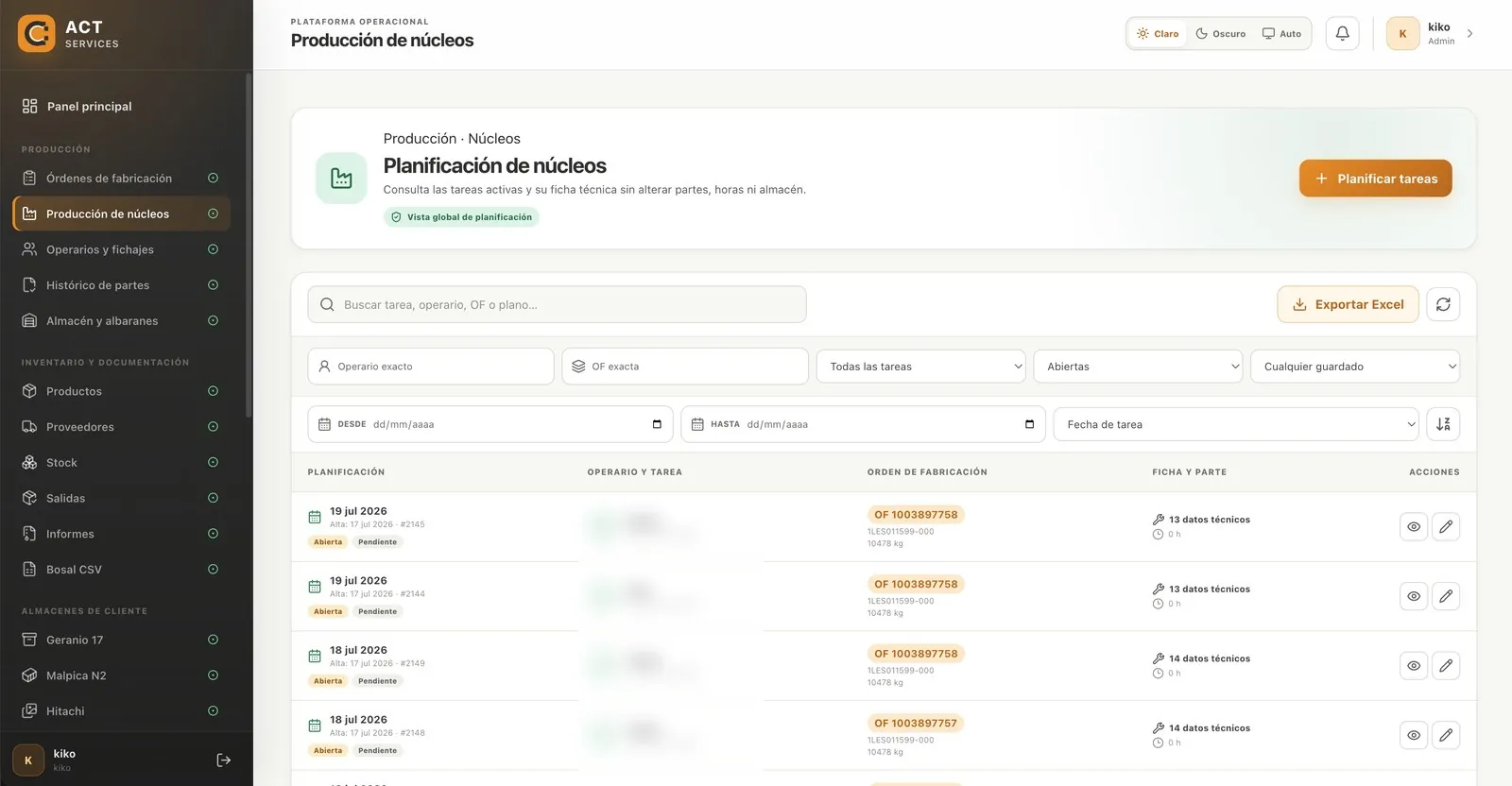 Aplicación ACT Services · Planificación de producción de núcleos