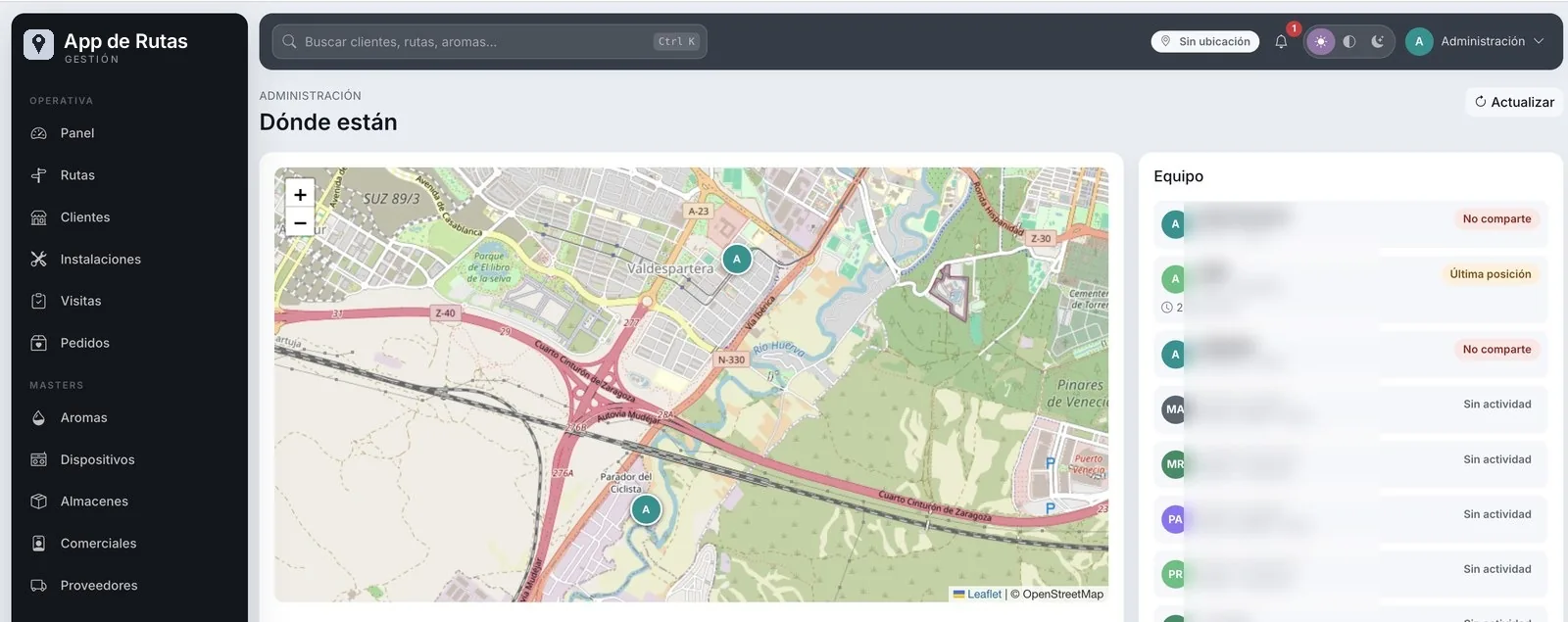 App de Rutas: localización del equipo en ruta sobre el mapa