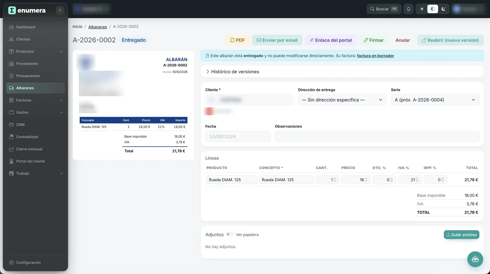 Aplicación Enumera · Albarán entregado, con su PDF, envío por email, firma y enlace al portal del cliente