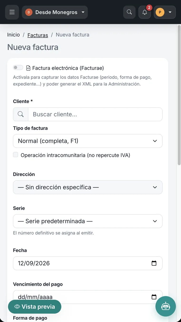 Aplicación Enumera · Alta de factura con datos Facturae
