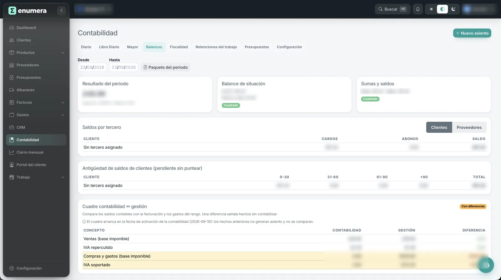 Aplicación Enumera · Contabilidad: balances, saldos por tercero y cuadre entre contabilidad y gestión