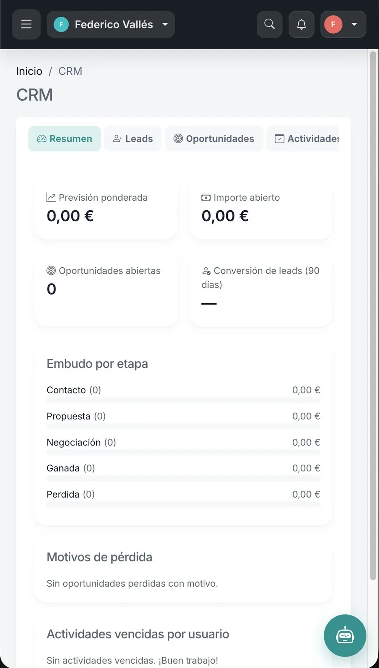 Aplicación Enumera · CRM: embudo, previsión y actividades
