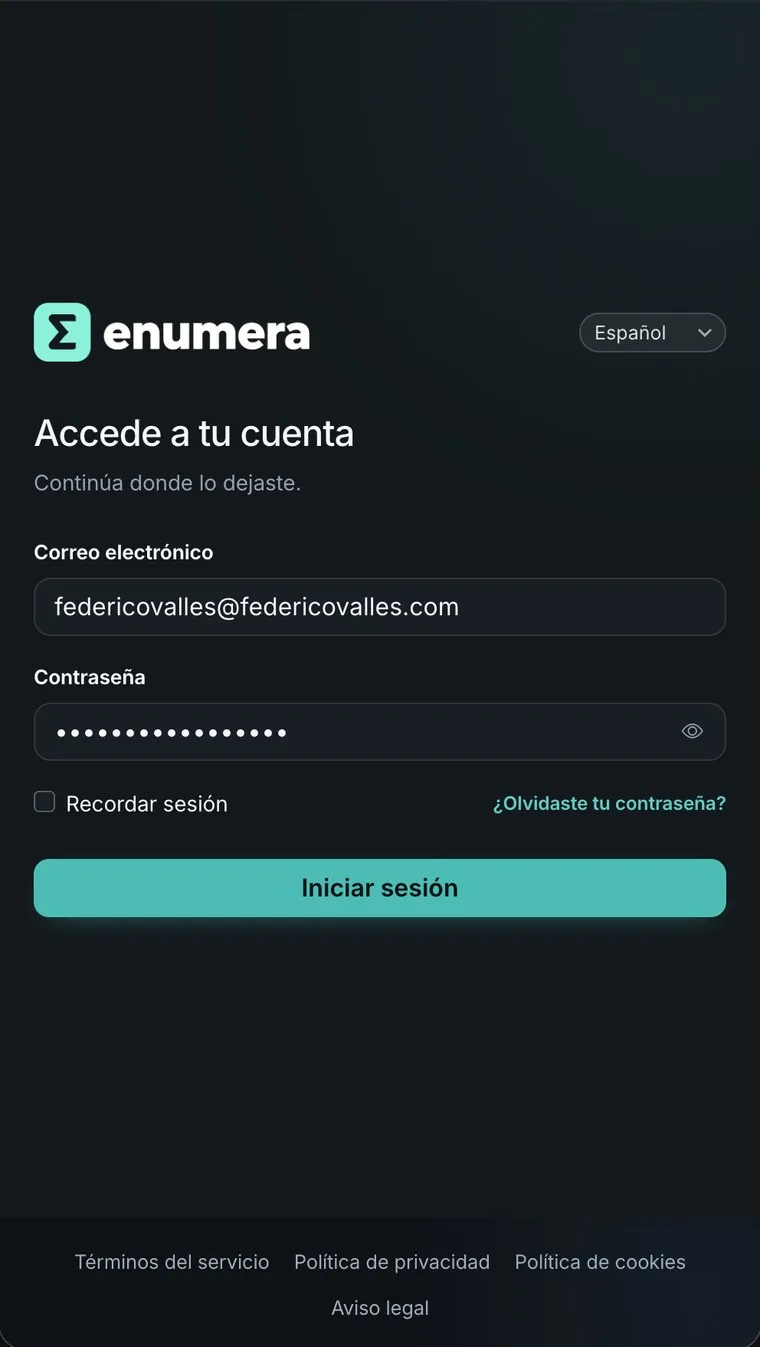 Pantalla de acceso de Enumera en el móvil