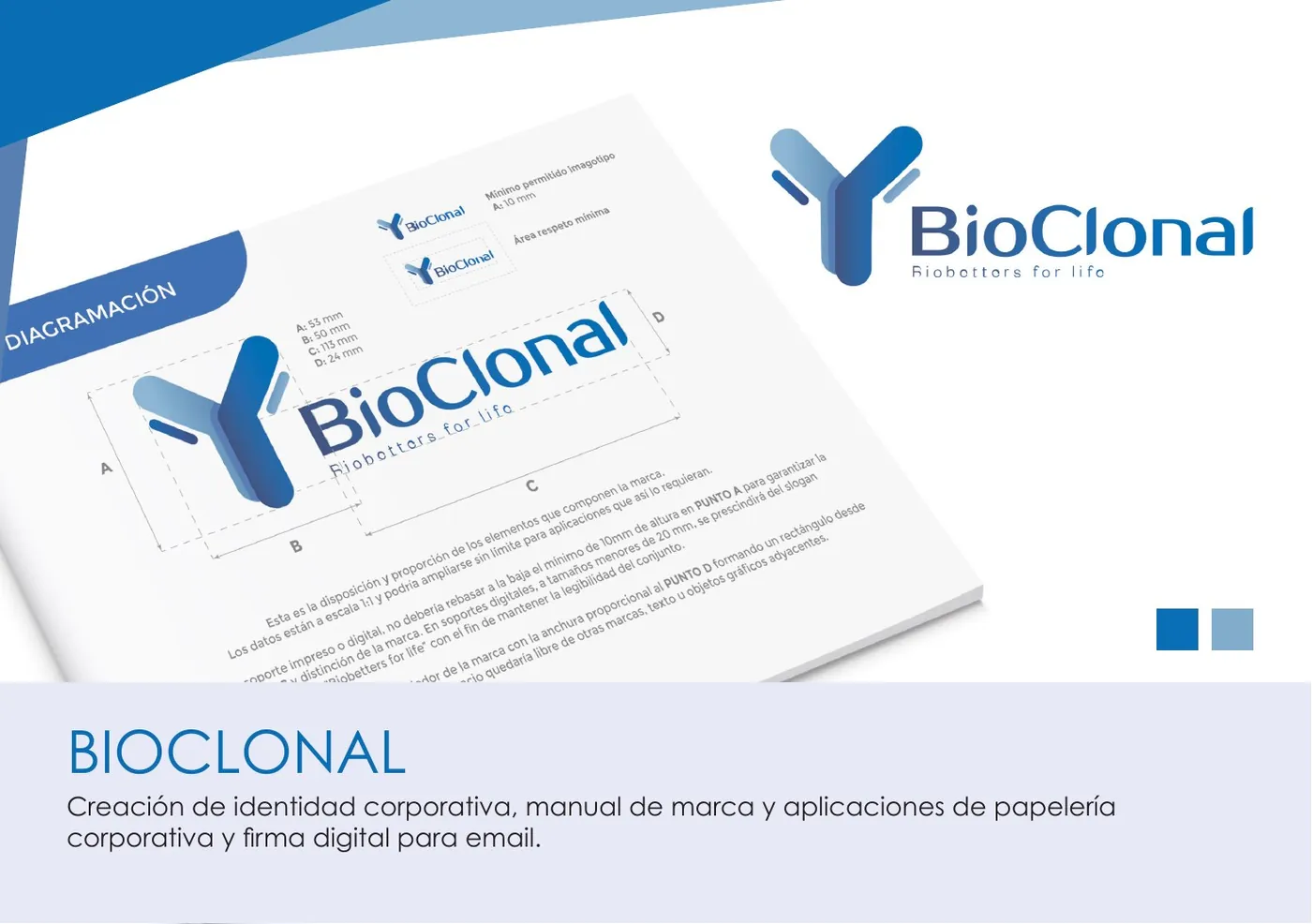 Identidad corporativa de BioClonal (biotecnología): logotipo, colores y aplicaciones