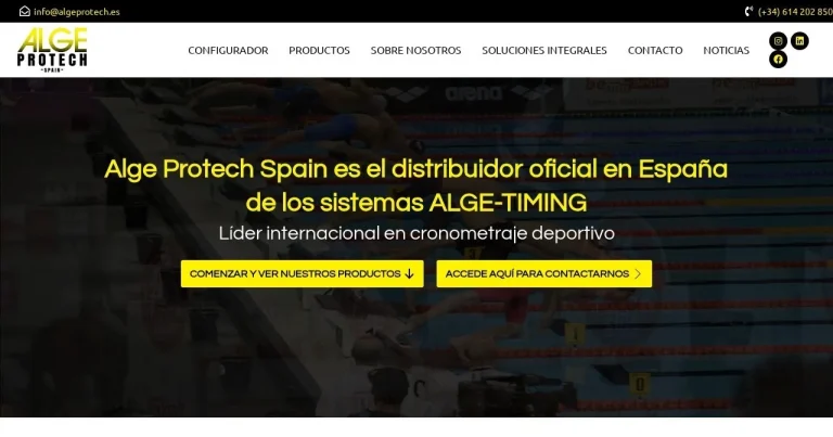Página de inicio de la web de Alge Protech Spain (algeprotech.es), cronometraje deportivo