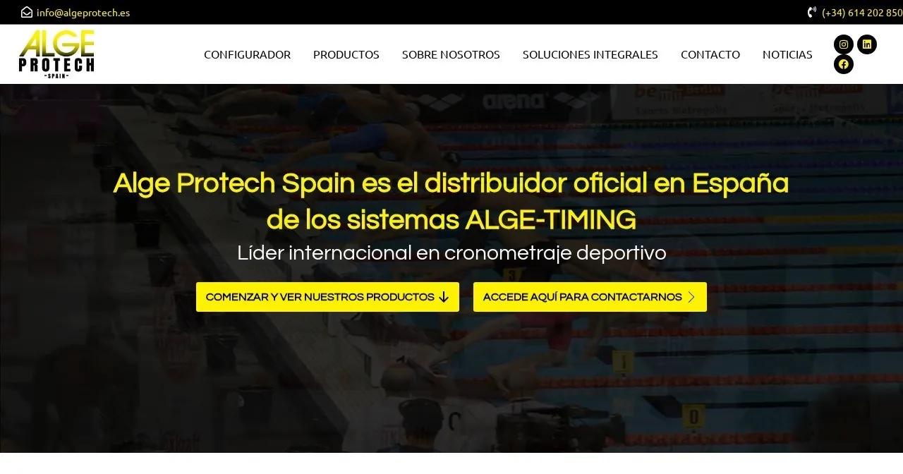 Página de inicio de la web de Alge Protech Spain (algeprotech.es), cronometraje deportivo