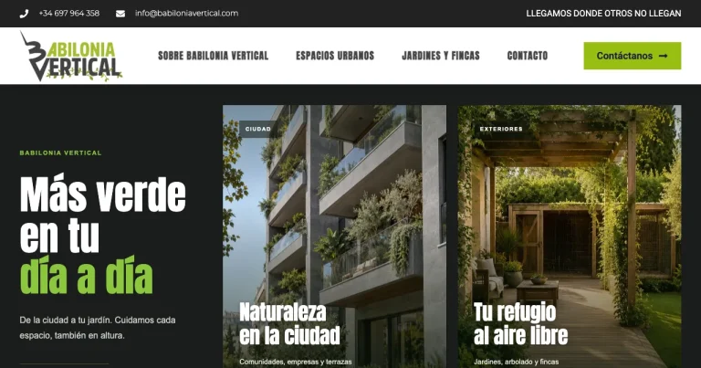 Página de inicio de la web de Babilonia Vertical (babiloniavertical.com), jardinería vertical y trabajos en altura