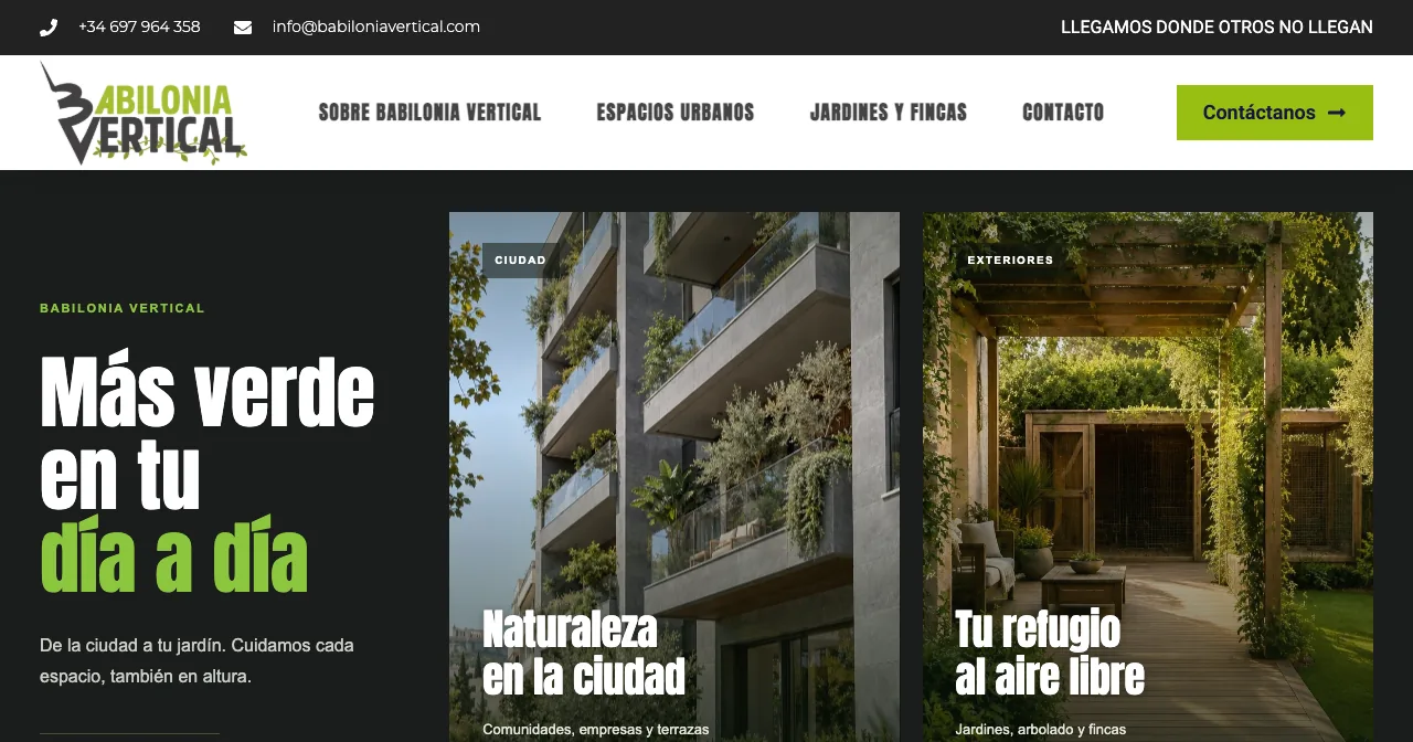 Página de inicio de la web de Babilonia Vertical (babiloniavertical.com), jardinería vertical y trabajos en altura