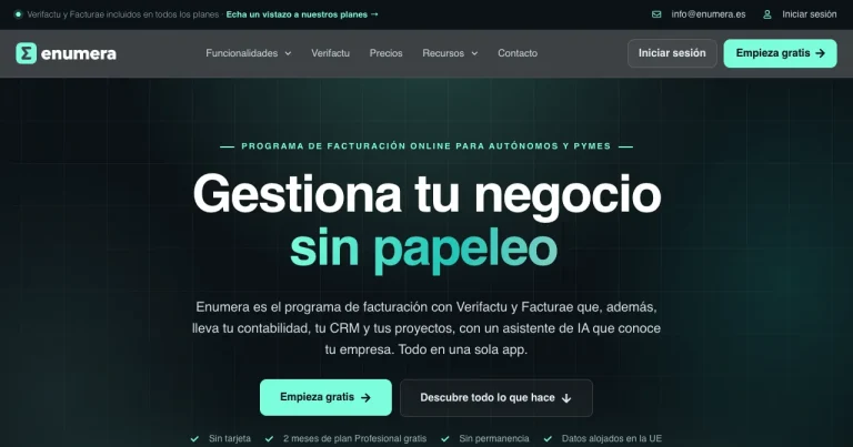 Página de inicio de la web de Enumera (enumera.es), programa de facturación con Verifactu e IA