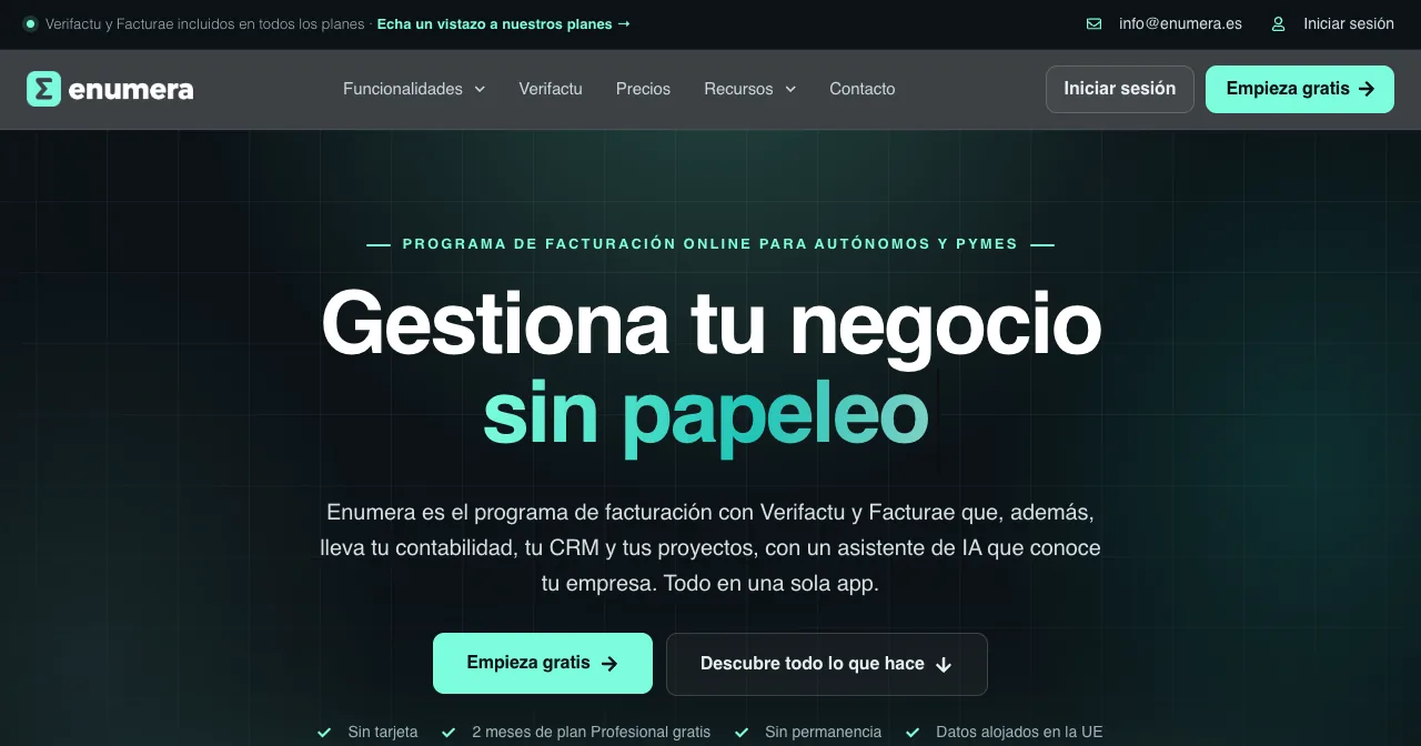 Página de inicio de la web de Enumera (enumera.es), programa de facturación con Verifactu e IA