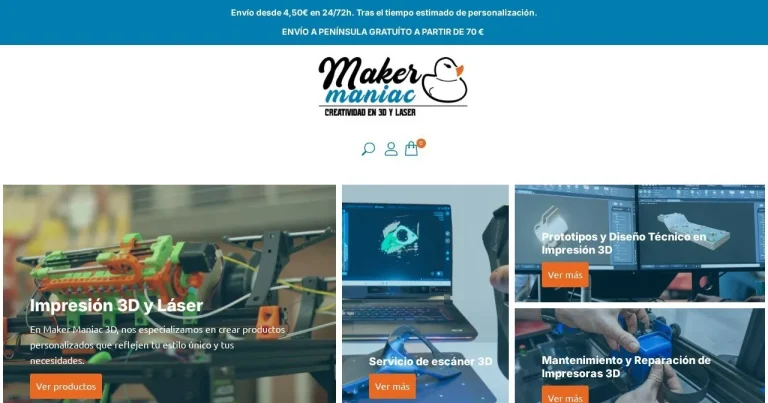 Página de inicio de la web de Maker Maniac (makermaniac.es), fabricación digital