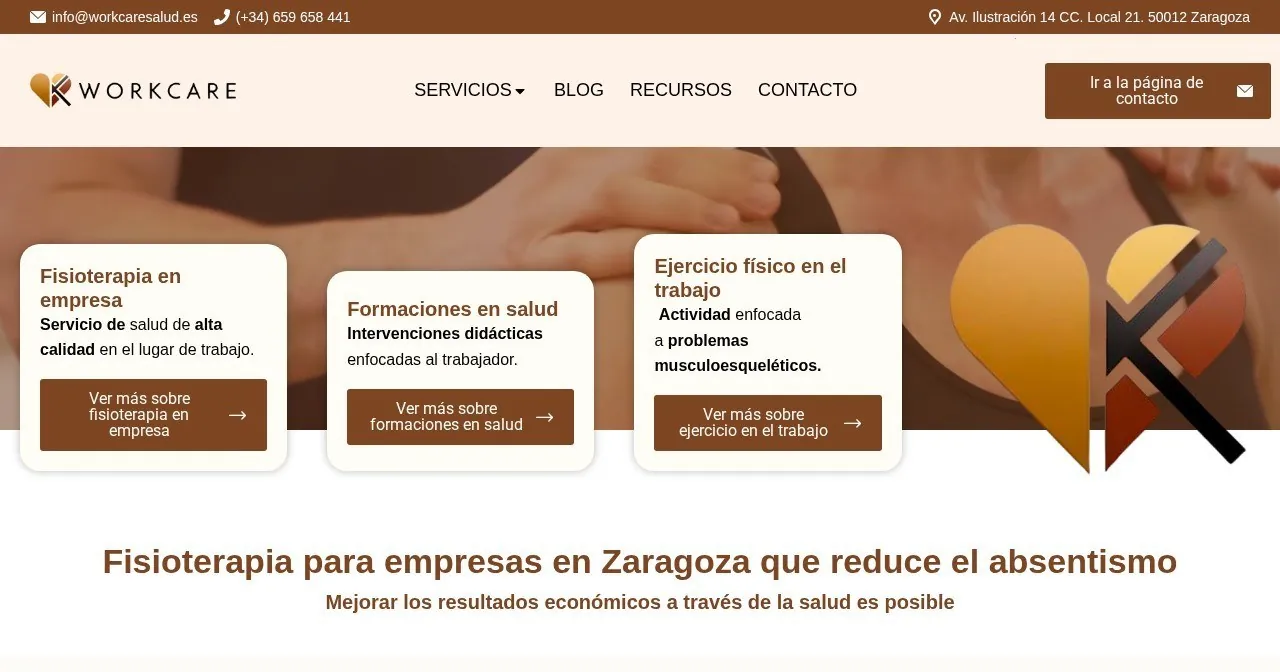 Página de inicio de la web de Workcare Salud (workcaresalud.es), salud laboral
