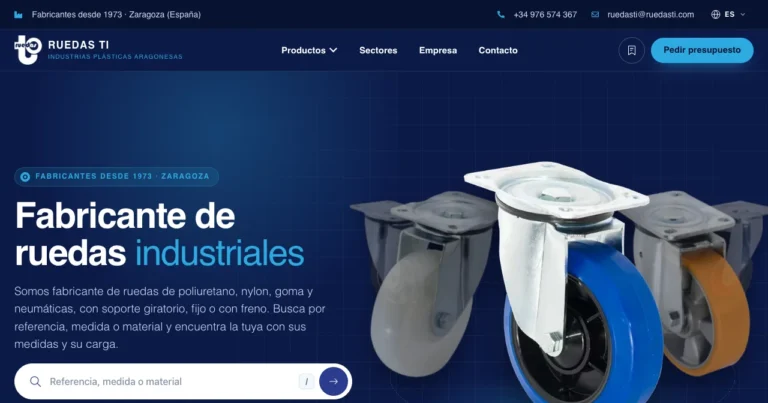 Página de inicio de la web de Ruedas TI (ruedasti.com), fabricante de ruedas industriales y para carros en Zaragoza